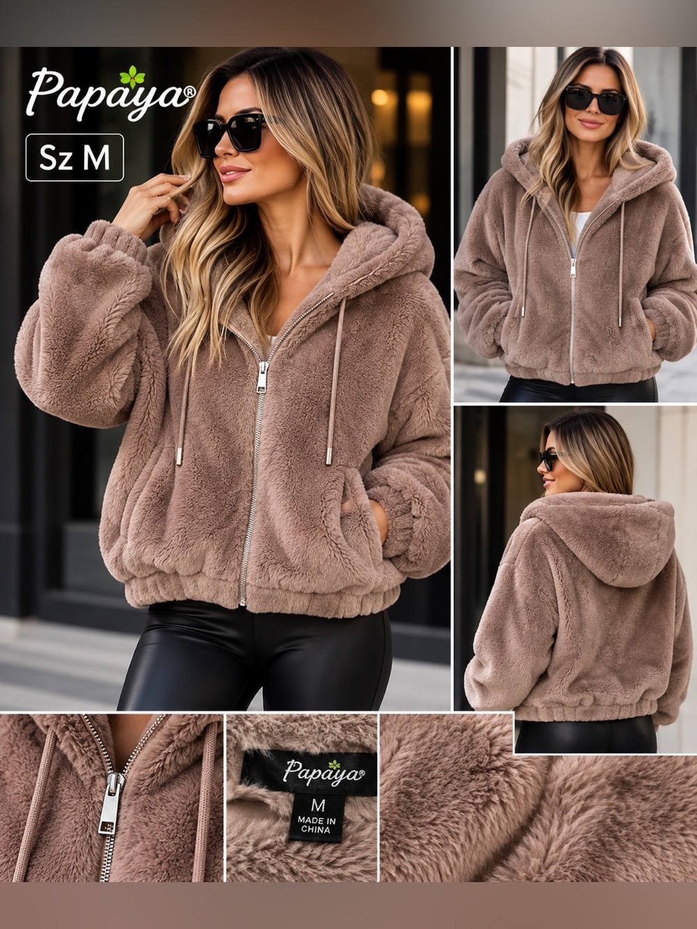Papaya Plush Taupe Hooded Teddy Jacket Sz M like new